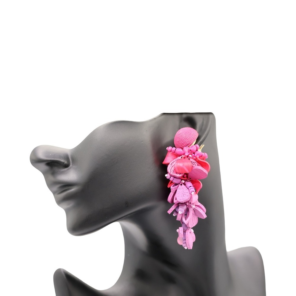 Oscar de la Renta Wooden Flower Cluster Clip Earrings Pink Purple Statement - Picture 4 of 5